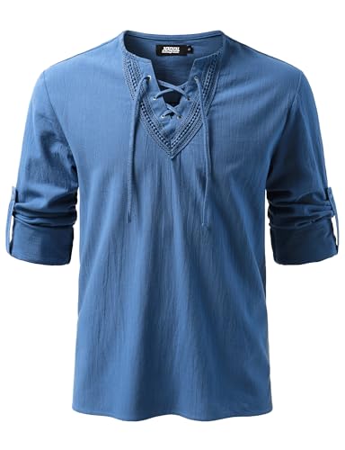 JOGAL Herren Vintage Renaissance Kostüm Schnürung Hemd Langarm Baumwolle Freizeithemd für Mittelalterliches Wikinger Piraten XX-Large Hellblau von JOGAL