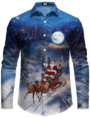 JOGAL Herren Weihnachten Hemd Button Down Langarm Weihnachtshemd Lustige Christmas Thanksgiving Print Shirt BlauXmas Mittel von JOGAL