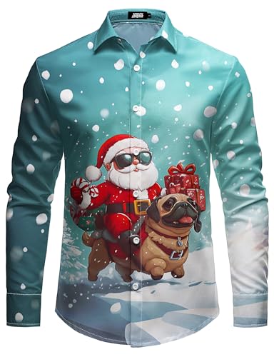 JOGAL Herren Weihnachten Hemd Button Down Langarm Weihnachtshemd Lustige Christmas Thanksgiving Print Shirt HimmelblauWeihnachten Groß von JOGAL