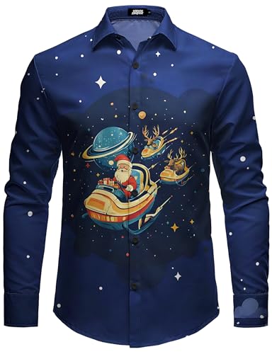 JOGAL Herren Weihnachten Hemd Button Down Langarm Weihnachtshemd Lustige Christmas Thanksgiving Print Shirt MarineXmas X-Large von JOGAL