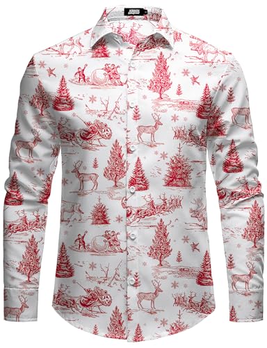 JOGAL Herren Weihnachten Hemd Button Down Langarm Weihnachtshemd Lustige Christmas Thanksgiving Print Shirt WeißRotWeihnachten Mittel von JOGAL