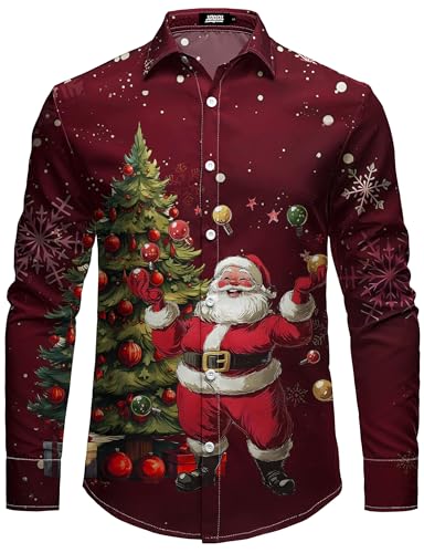 JOGAL Herren Weihnachten Hemd Button Down Langarm Weihnachtshemd Lustige Christmas Thanksgiving Print Shirt WineredXmas Groß von JOGAL