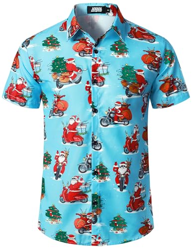 JOGAL Herren Weihnachten Hemd Funky Kurzarm Christmas Hawaiihemd Button Down Weihnachtsmann Print Freizeithemd Blau Moto Klein von JOGAL