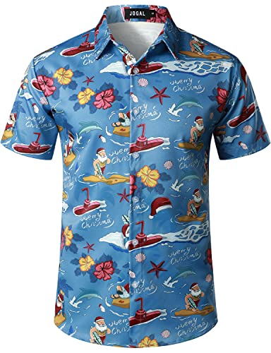 JOGAL Herren Weihnachten Hemd Funky Kurzarm Christmas Hawaiihemd Button Down Weihnachtsmann Print Freizeithemd Blau Surfen Groß von JOGAL