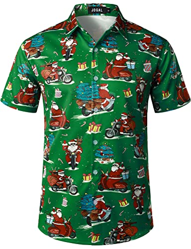 JOGAL Herren Weihnachten Hemd Funky Kurzarm Christmas Hawaiihemd Button Down Weihnachtsmann Print Freizeithemd Grün Moto XX-Large von JOGAL