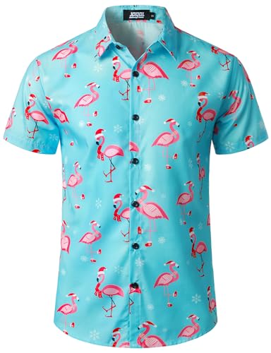 JOGAL Herren Weihnachten Hemd Funky Kurzarm Christmas Hawaiihemd Button Down Weihnachtsmann Print Freizeithemd Hellblau Flamingo Groß von JOGAL