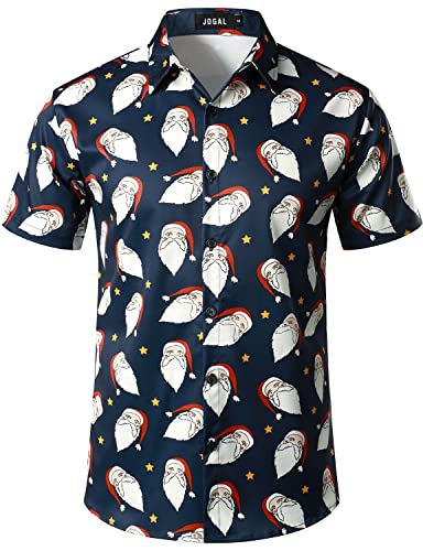 JOGAL Herren Weihnachten Hemd Funky Kurzarm Christmas Hawaiihemd Button Down Weihnachtsmann Print Freizeithemd Marine 3X-Large von JOGAL