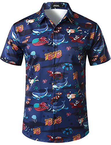 JOGAL Herren Weihnachten Hemd Funky Kurzarm Christmas Hawaiihemd Button Down Weihnachtsmann Print Freizeithemd Marine Ozean X-Large von JOGAL