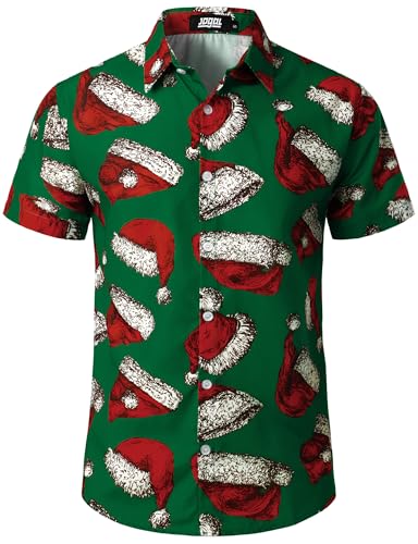 JOGAL Herren Weihnachten Hemd Funky Kurzarm Christmas Hawaiihemd Button Down Weihnachtsmann Print Freizeithemd Mittel Grün Hut von JOGAL