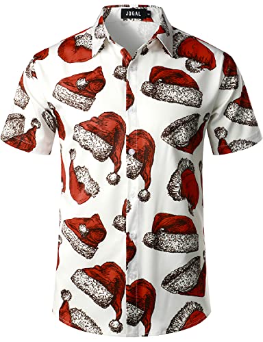 JOGAL Herren Weihnachten Hemd Funky Kurzarm Christmas Hawaiihemd Button Down Weihnachtsmann Print Freizeithemd Rot Hut XX-Large von JOGAL