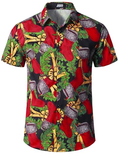 JOGAL Herren Weihnachten Hemd Funky Kurzarm Christmas Hawaiihemd Button Down Weihnachtsmann Print Freizeithemd Rote Socken XXX-Large von JOGAL