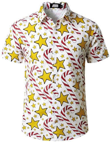 JOGAL Herren Weihnachten Hemd Funky Kurzarm Christmas Hawaiihemd Button Down Weihnachtsmann Print Freizeithemd X-Large Weiß Gelb von JOGAL