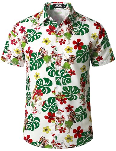 JOGAL Herren Weihnachten Hemd Funky Kurzarm Christmas Hawaiihemd Button Down Weihnachtsmann Print Freizeithemd X-Large Weiß Grün Rot von JOGAL