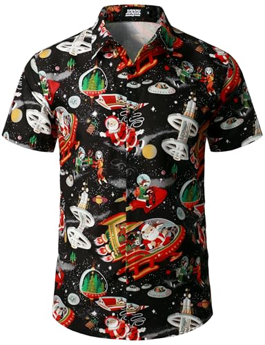 JOGAL Herren Weihnachten Hemd Funky Kurzarm Christmas Hawaiihemd Button Down Weihnachtsmann Print Freizeithemd XX-Large Schwarz Ozean von JOGAL