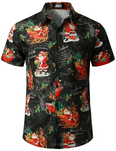 JOGAL Herren Weihnachten Hemd Funky Kurzarm Christmas Hawaiihemd Button Down Weihnachtsmann Print Freizeithemd XX-Large Schwarz Weihnachtsmann von JOGAL