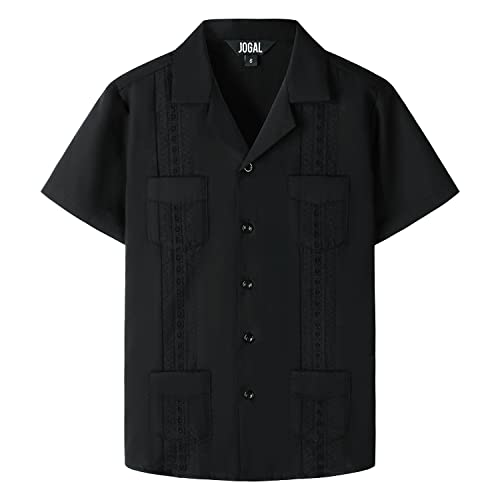 JOGAL Jungen 100% Baumwolle Kurzarm Guayabera Hemd Kinder Einfarbig bügelleicht Sommer Freizeit Hemd Jahre 5-6 Schwarz von JOGAL