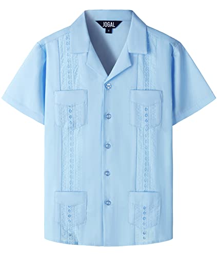 JOGAL Jungen 100% Baumwolle Kurzarm Guayabera Hemd Kinder Einfarbig bügelleicht Sommer Freizeit Hemd Jahre 7-8 Blau von JOGAL