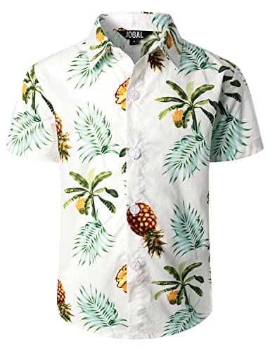 JOGAL Jungen Kurzarm Hawaii Hemd Baumwolle Sommer Freizeit Hemden Für Kinder Jahre 12 Weiß Ananasblätter von JOGAL