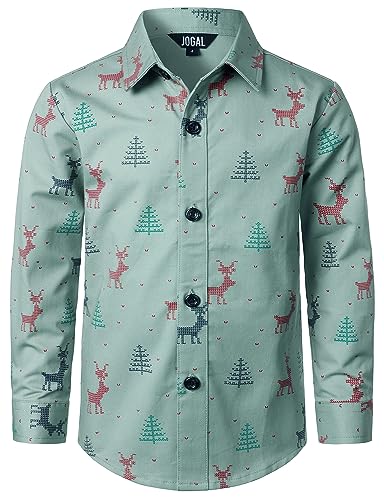 JOGAL Jungen Funky Christmas Print Weihnachtsmann Hemd Langarm Button Up Kinder Freizeithemd Grün 12 Jahre von JOGAL
