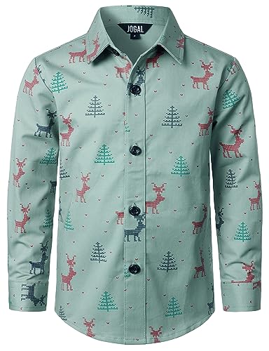 JOGAL Jungen Funky Christmas Print Weihnachtsmann Hemd Langarm Button Up Kinder Freizeithemd Grün 14 Jahre von JOGAL