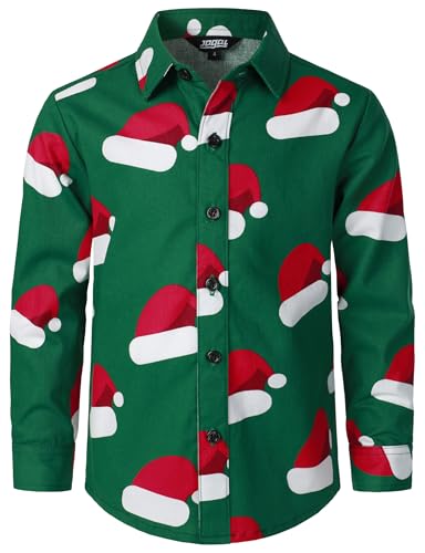 JOGAL Jungen Funky Christmas Print Weihnachtsmann Hemd Langarm Button Up Kinder Freizeithemd Grün Hut 8 Jahre von JOGAL