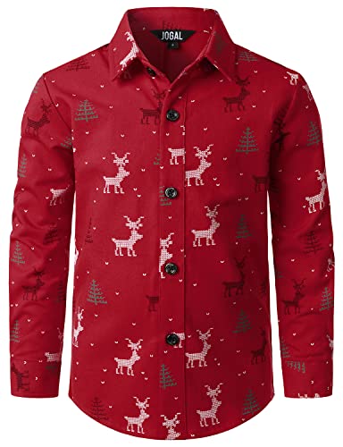JOGAL Jungen Funky Christmas Print Weihnachtsmann Hemd Langarm Button Up Kinder Freizeithemd Rot 10 Jahre von JOGAL