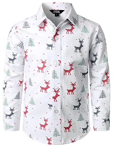 JOGAL Jungen Funky Christmas Print Weihnachtsmann Hemd Langarm Button Up Kinder Freizeithemd Weiß 8 Jahre von JOGAL