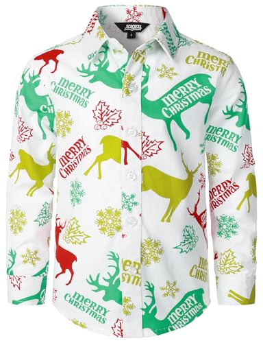 JOGAL Jungen Funky Christmas Print Weihnachtsmann Hemd Langarm Button Up Kinder Freizeithemd Weiß Rot 10 Jahre von JOGAL