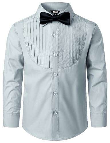 JOGAL Jungen Langarm Hemd Baumwoll Einfarbig Shirt Regular Fit Kinder Anzug Hemden für 6-14 Jahre mit Fliege Jahre 11-12 Grau von JOGAL