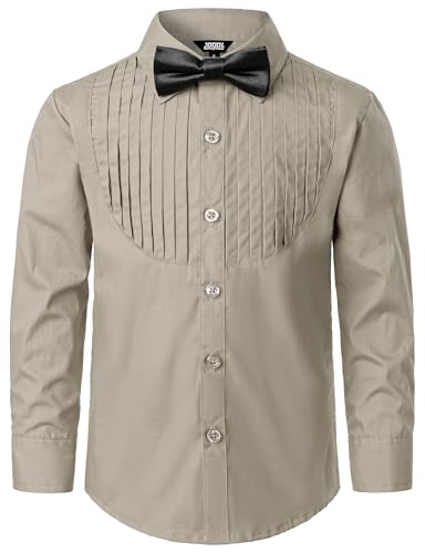 JOGAL Jungen Langarm Hemd Baumwoll Einfarbig Shirt Regular Fit Kinder Anzug Hemden für 6-14 Jahre mit Fliege Jahre 11-12 Khaki von JOGAL