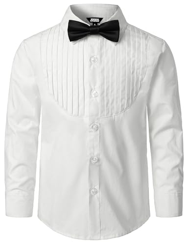 JOGAL Jungen Langarm Hemd Baumwoll Einfarbig Shirt Regular Fit Kinder Anzug Hemden für 6-14 Jahre mit Fliege Jahre 11-12 Weiß von JOGAL