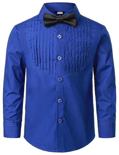 JOGAL Jungen Langarm Hemd Baumwoll Einfarbig Shirt Regular Fit Kinder Anzug Hemden für 6-14 Jahre mit Fliege Jahre 13-14 Königsblau von JOGAL