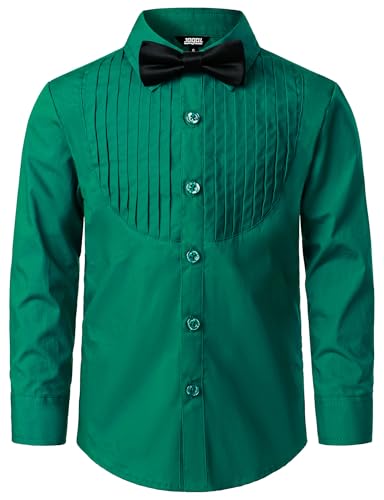 JOGAL Jungen Langarm Hemd Baumwoll Einfarbig Shirt Regular Fit Kinder Anzug Hemden für 6-14 Jahre mit Fliege Jahre 5-6 TiefGrün von JOGAL