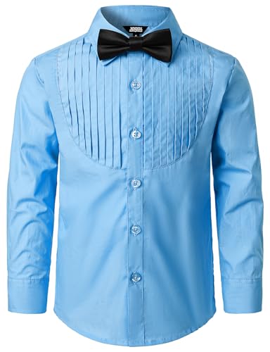 JOGAL Jungen Langarm Hemd Baumwoll Einfarbig Shirt Regular Fit Kinder Anzug Hemden für 6-14 Jahre mit Fliege Jahre 7-8 Blau von JOGAL
