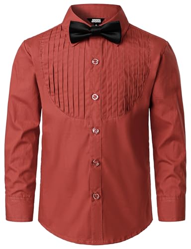 JOGAL Jungen Langarm Hemd Baumwoll Einfarbig Shirt Regular Fit Kinder Anzug Hemden für 6-14 Jahre mit Fliege Jahre 7-8 Ziegelrot von JOGAL