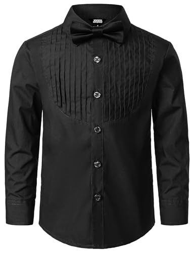 JOGAL Jungen Langarm Hemd Baumwoll Einfarbig Shirt Regular Fit Kinder Anzug Hemden für 6-14 Jahre mit Fliege Jahre 9-10 Schwarz von JOGAL
