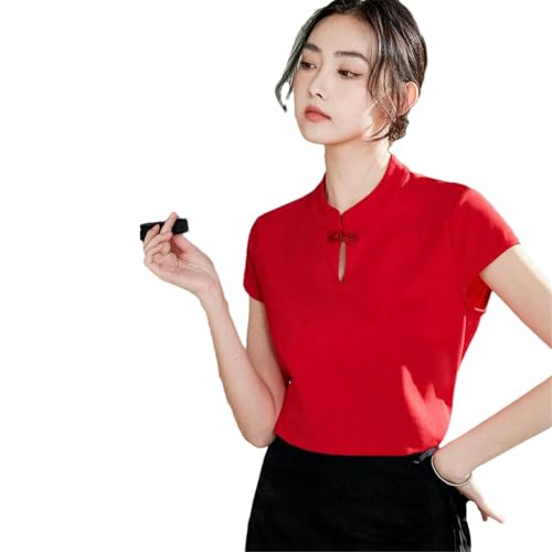 Damen T-Shirts Kurzarm Tops Chinesisches Hemd Baumwolle Einfarbig Sommerbekleidung Tops Red XL Damen T-Shirts Kurzarm Tops Chinesisches Hemd Baumwolle Einfarbig Sommerbekleidung Tops Red XL von JOHAFXC