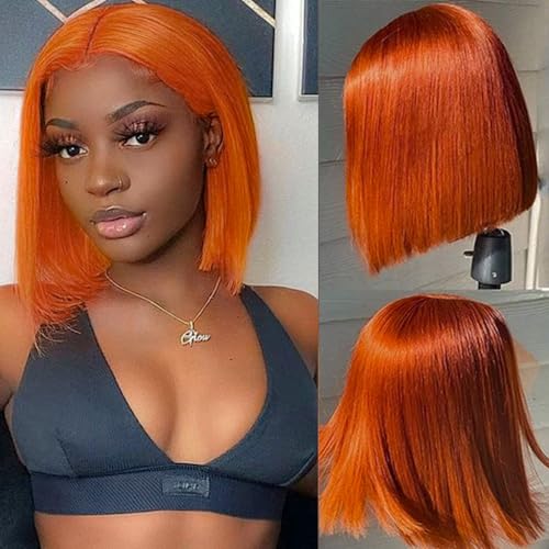 JOHLUA Bob Orange Ingwer Echthaarperücke 13 x 4 350 Farbe gerade kurz Bob Perücke für Frauen 180 % Dichte HD transparent Ingwer Orange Spitze Front Perücken Haar Hum von JOHLUA