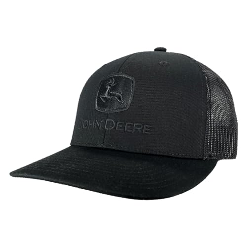 John Deere Solid Black 6-Panel Adjustable Mesh Snapback Hat with Embroidered Logo, Schwarz, Einheitsgröße von JOHN DEERE