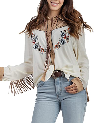 John Moon Damen Bestickte Western Langarm Knöpfe Down Shirts Kragen Retro Casual Blusen Shirts, 01 Weiß, Klein von JOHN MOON