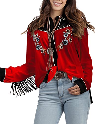 JOHN MOON Damen Bestickte Western Langarm Knöpfe Down Shirts Kragen Retro Casual Blusen Shirts, Rot/Ausflug, einfarbig (Getaway Solids), Mittel von JOHN MOON