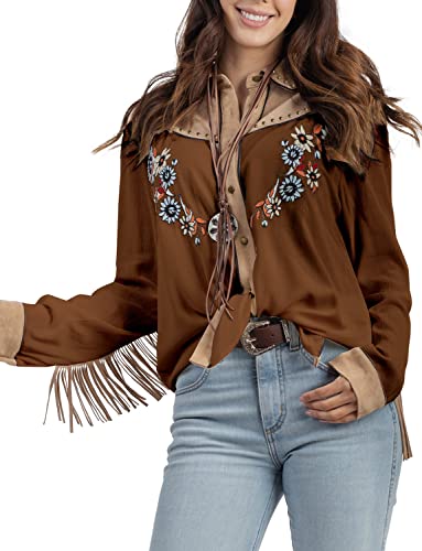 John Moon Damen-Hemd, bestickte Western-Bluse, Knopfleiste, langärmlig, mit Fransen, Cowgirl-Retro-Stil, kaffeebraun von JOHN MOON