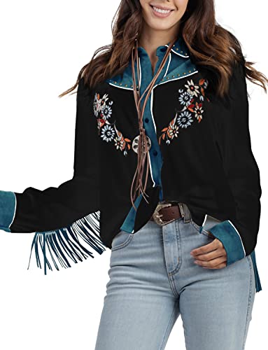 John Moon Damen-Hemd, bestickte Western-Bluse, Knopfleiste, langärmlig, mit Fransen, Cowgirl-Retro-Stil, schwarz von JOHN MOON
