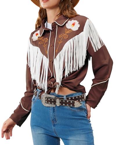 JOHN MOON Damen Blumen bestickt Fransen Western Shirts Rodeo Cowgirl Button Down Bluse Tops Landhausstil Outfits, Braun, Groß von JOHN MOON