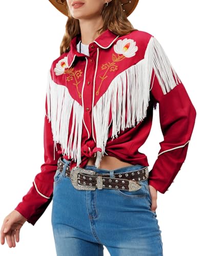 JOHN MOON Damen Blumen bestickt Fransen Western Shirts Rodeo Cowgirl Button Down Bluse Tops Landhausstil Outfits, Rot/Ausflug, einfarbig (Getaway Solids), Mittel von JOHN MOON