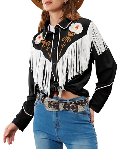 John Moon Damen Blumen Bestickt Fransen Western Shirts Rodeo Cowgirl Button Down Bluse Tops Landhausstil Outfits, Schwarz, Mittel von JOHN MOON