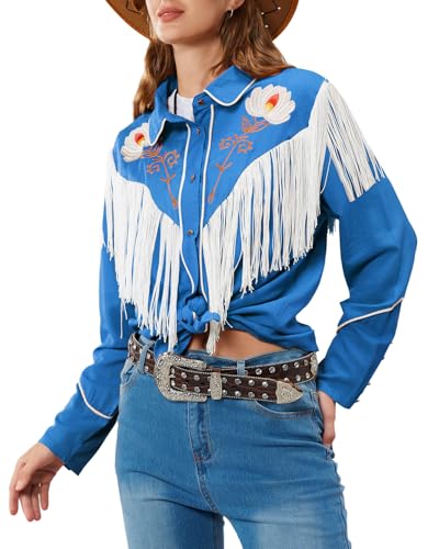 JOHN MOON Damen Blumen bestickt Fransen Western Shirts Rodeo Cowgirl Button Down Bluse Tops Landhausstil Outfits, Türkis/Ausflug, einfarbig (Getaway Solids), XX-Large von JOHN MOON
