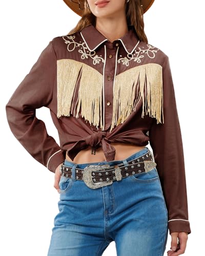 JOHN MOON Damen Fransen Western Button Down Shirts mit Nieten Floral Stickerei Cowgirl Tops Country Style Snap Blusen, Braun, Mittel von JOHN MOON
