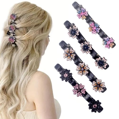 2025 Neue Blumen Haarclips, 4 Stück Kristall Haarspangen Damen,Five Leaf Clover Haarschmuck, Geflochtene Haarspange für Mädchen, Stylische Haarklammern für Elegante Frisuren (A) von JOHNBOLIN