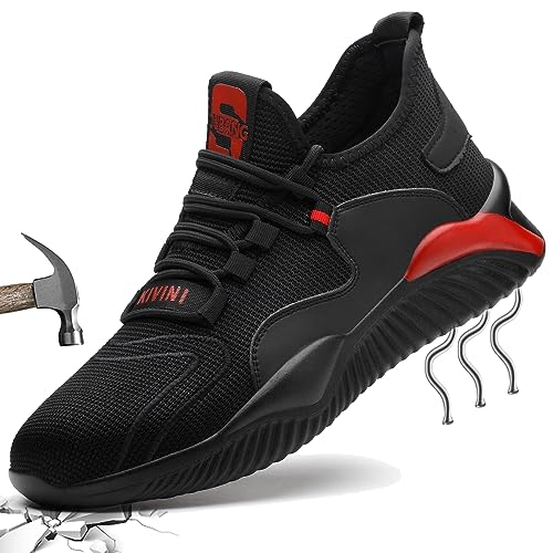 Leichte Sicherheitsschuhe Herren 40 Arbeitsschuhe S3 mit Stahlkappe Sommer Arbeit Schuhe Männer Sicherheit Sneaker Turnschuhe Sportlich Schutzschuhe Safety Shoes Schwarz Rot 797 von JOISIDE